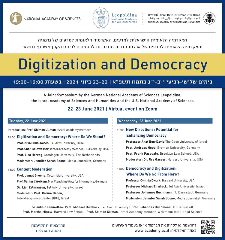 Digitization and Democracy - A Joint Symposium by the German National Academy of Sciences Leopoldina, the Israel Academy of Sciences and Humanities and the U.S. National Academy of Sciences