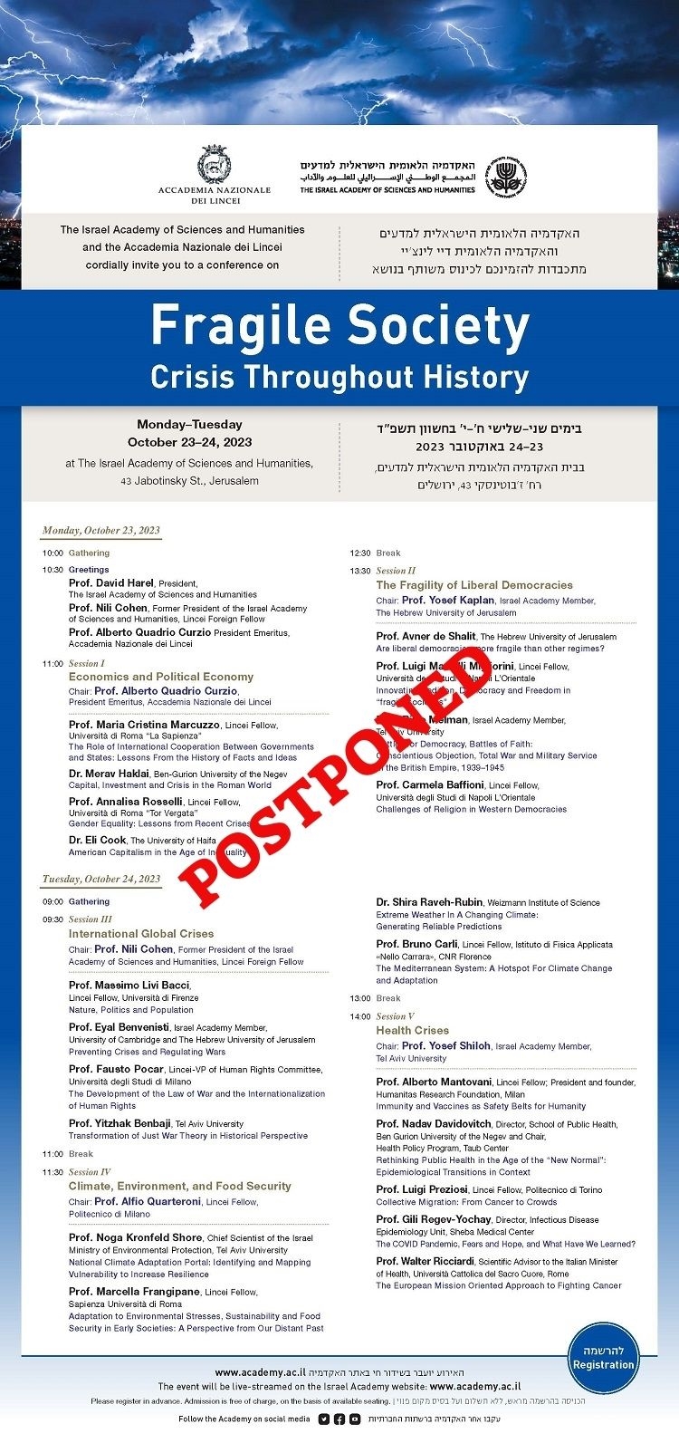 ***The conference has been postponed*** | A joint international conference with the Accademia Nazionale dei Lincei | Fragile Society | 